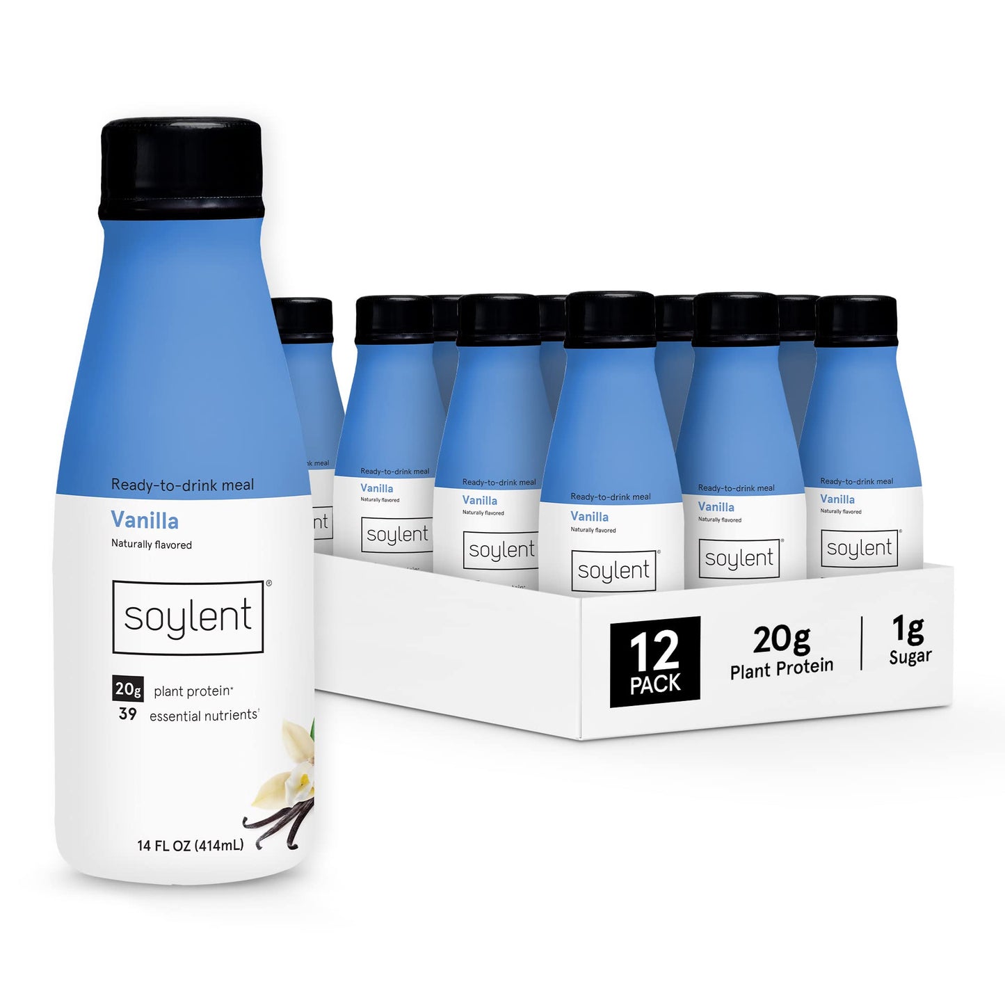 Soylent Creamy Chocolate Meal Replacement Shake, Ready-to-Drink Plant Based Protein Drink, Contains 20g Complete Vegan Protein and 1g Sugar, 14oz, 12 Pack