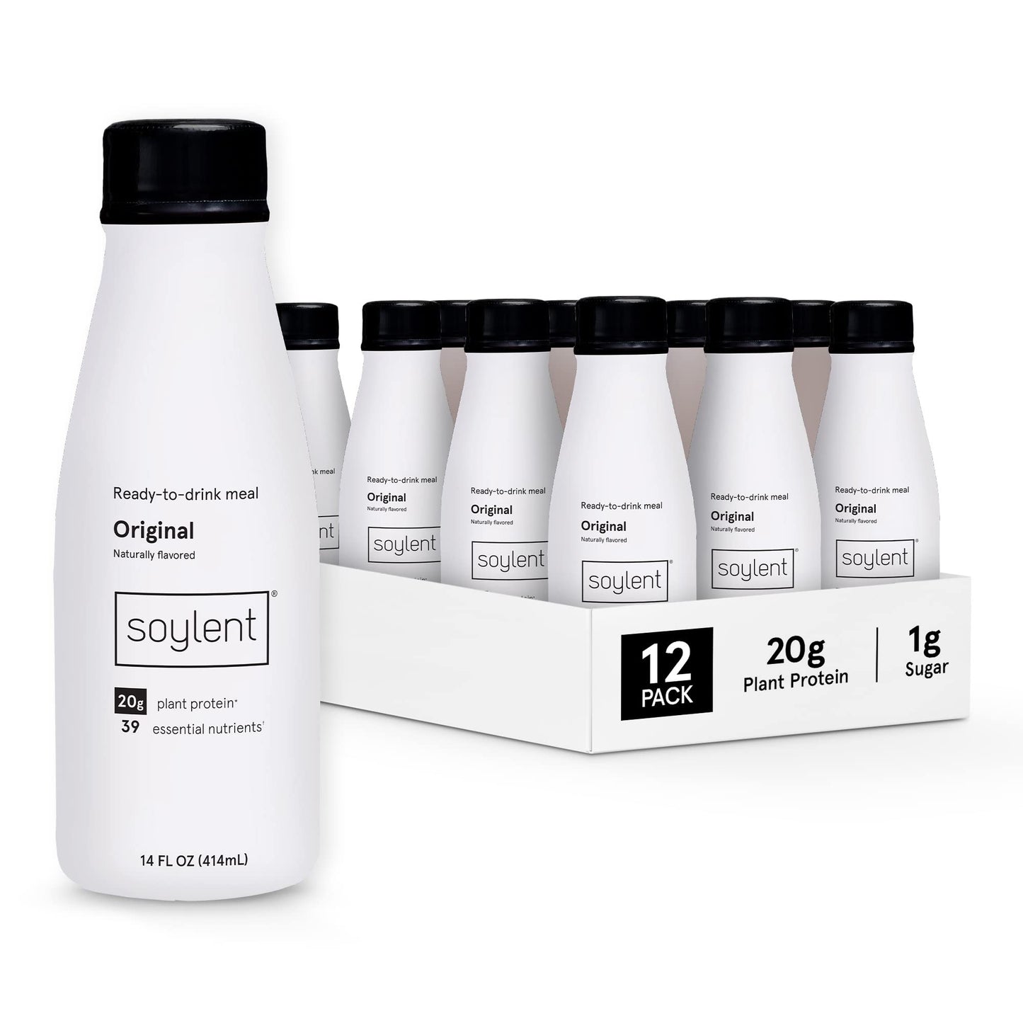 Soylent Creamy Chocolate Meal Replacement Shake, Ready-to-Drink Plant Based Protein Drink, Contains 20g Complete Vegan Protein and 1g Sugar, 14oz, 12 Pack