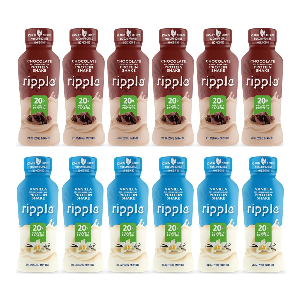 Ripple Vanilla Plant Based Protein Shake | 20g of Quality Sourced Pea Protein, Calcium & Iron Rich | Shelf Stable | Vegan & Non GMO | Dairy, Soy, Nut, & Gluten Free | 12 Fl Oz Bottles (Pack of 12)