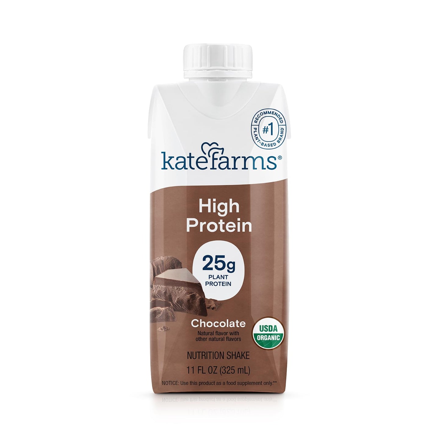 KATE FARMS Organic High Protein Chocolate Nutrition Shake, 25g Protein, 6g Fiber, 27 Vitamins and Minerals, 0g Sugar, 11 oz (12 Pack)