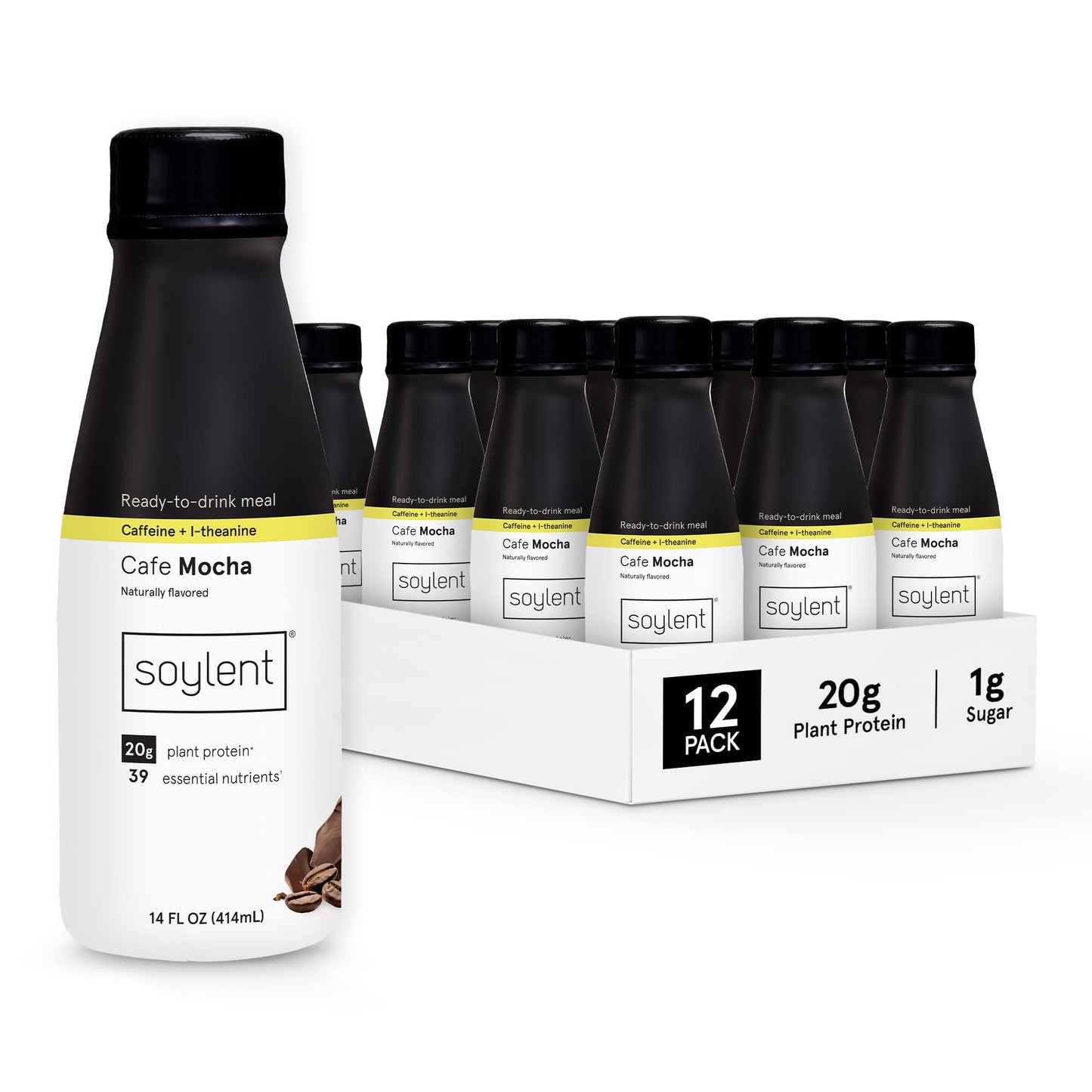 Soylent Creamy Chocolate Meal Replacement Shake, Ready-to-Drink Plant Based Protein Drink, Contains 20g Complete Vegan Protein and 1g Sugar, 14oz, 12 Pack