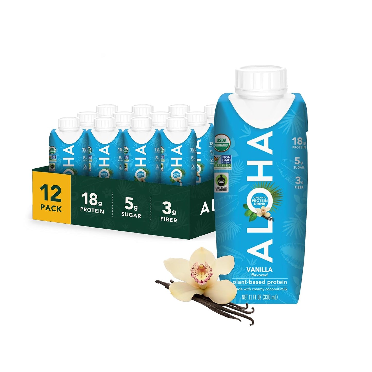 ALOHA Organic Plant-Based Protein Drink – Vanilla Flavor | GLP-1 Friendly with 18g Protein, 5g Sugar, 3g Fiber | Made w/Creamy Coconut Milk, No Stevia | Vegan, Non-GMO, Gluten-Free, 11oz (12 Pack)