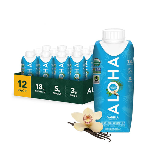ALOHA Organic Plant-Based Protein Drink – Vanilla Flavor | GLP-1 Friendly with 18g Protein, 5g Sugar, 3g Fiber | Made w/Creamy Coconut Milk, No Stevia | Vegan, Non-GMO, Gluten-Free, 11oz (12 Pack)