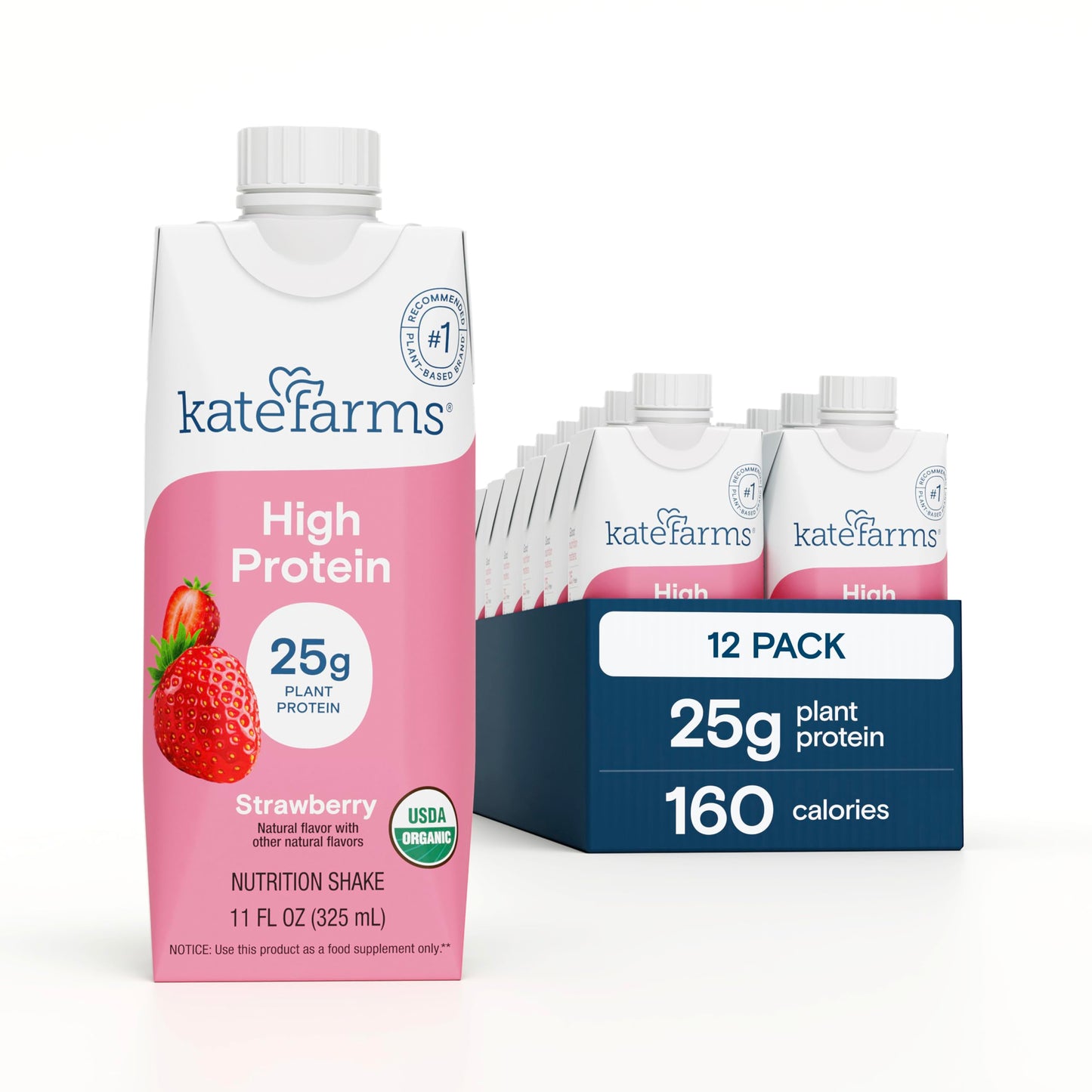KATE FARMS Organic High Protein Chocolate Nutrition Shake, 25g Protein, 6g Fiber, 27 Vitamins and Minerals, 0g Sugar, 11 oz (12 Pack)