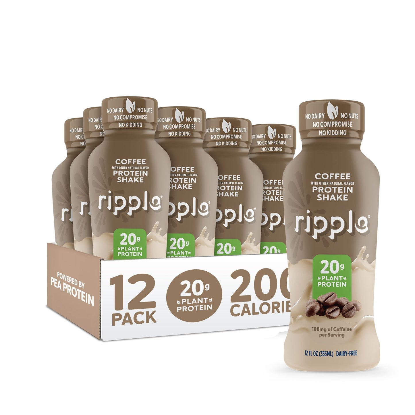 Ripple Vanilla Plant Based Protein Shake | 20g of Quality Sourced Pea Protein, Calcium & Iron Rich | Shelf Stable | Vegan & Non GMO | Dairy, Soy, Nut, & Gluten Free | 12 Fl Oz Bottles (Pack of 12)