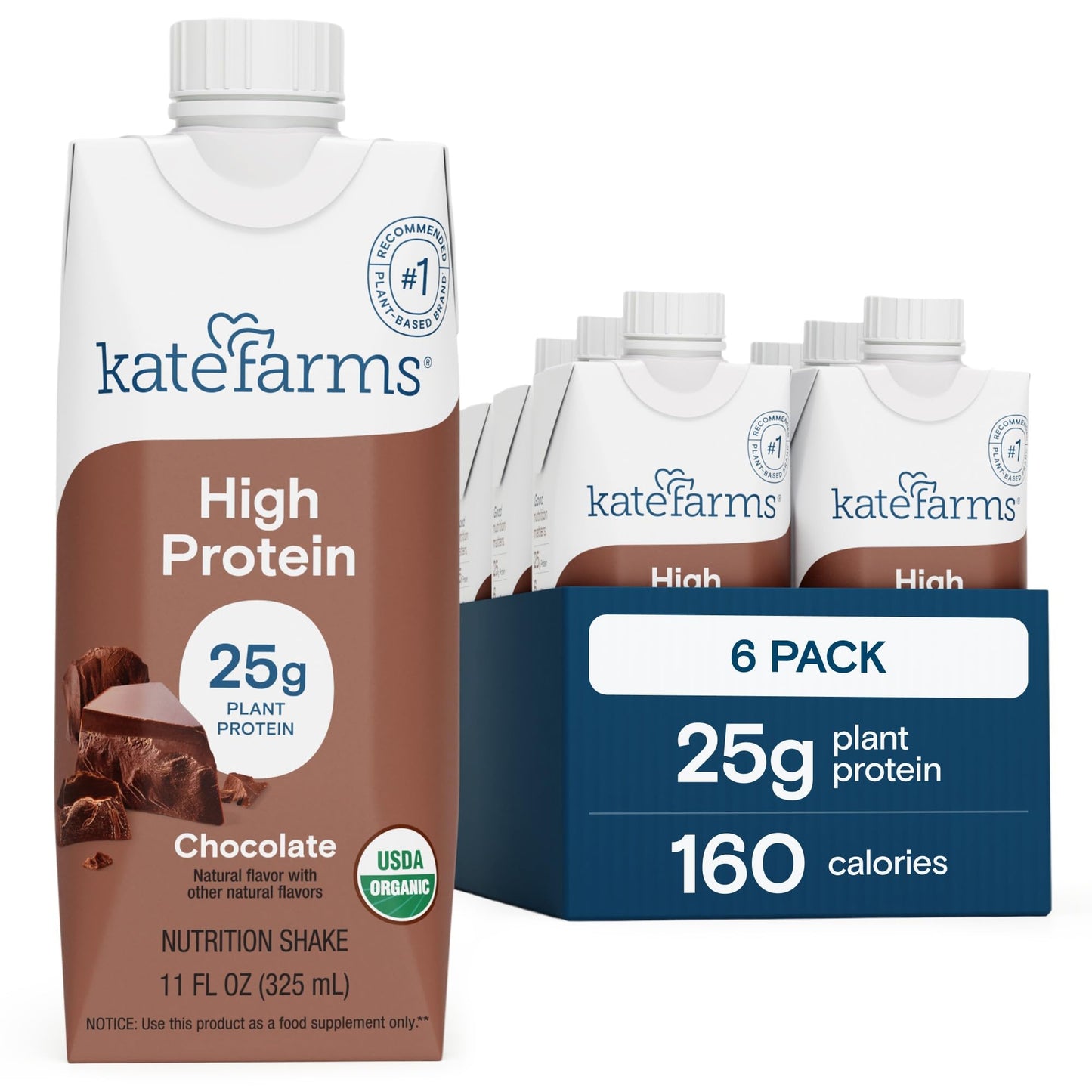 KATE FARMS Organic High Protein Chocolate Nutrition Shake, 25g Protein, 6g Fiber, 27 Vitamins and Minerals, 0g Sugar, 11 oz (12 Pack)