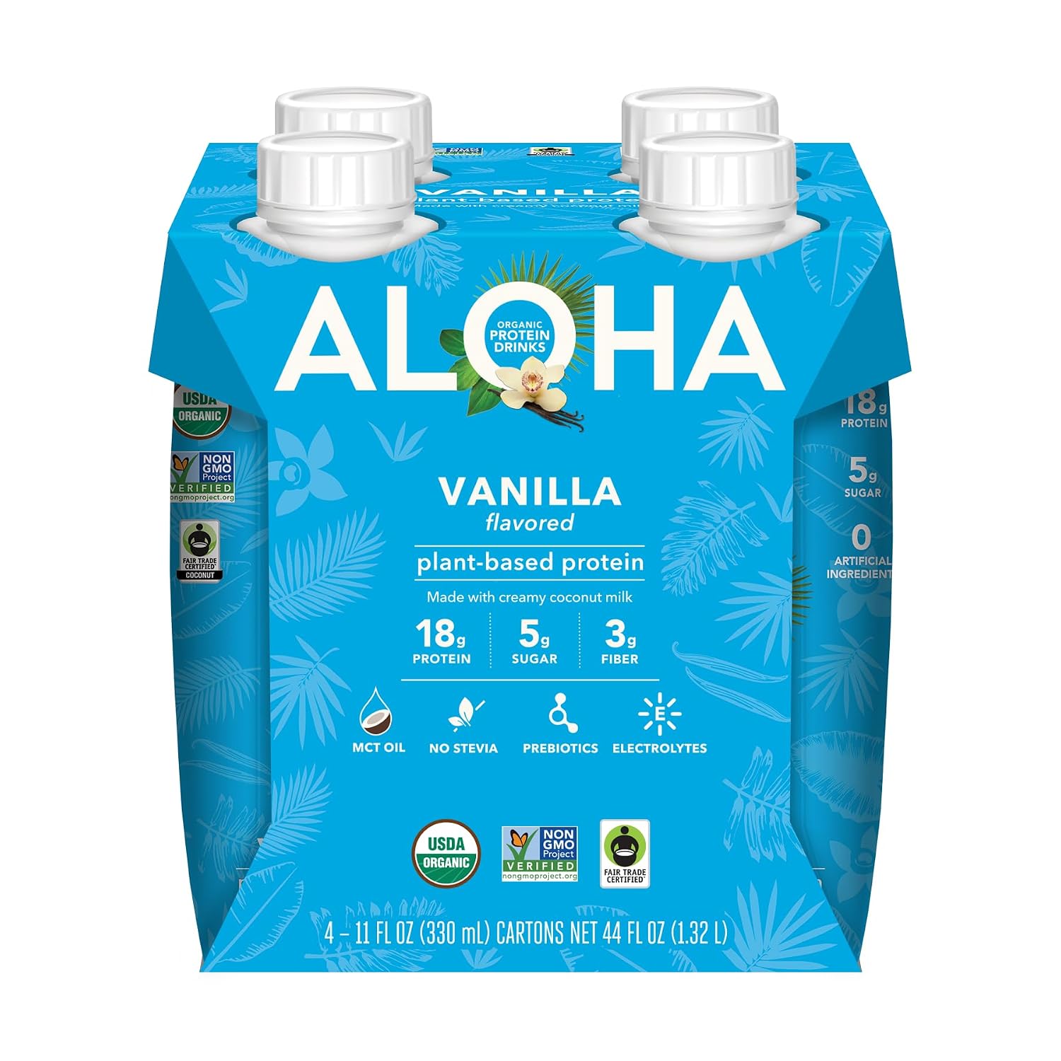 ALOHA Organic Plant-Based Protein Drink – Vanilla Flavor | GLP-1 Friendly with 18g Protein, 5g Sugar, 3g Fiber | Made w/Creamy Coconut Milk, No Stevia | Vegan, Non-GMO, Gluten-Free, 11oz (12 Pack)