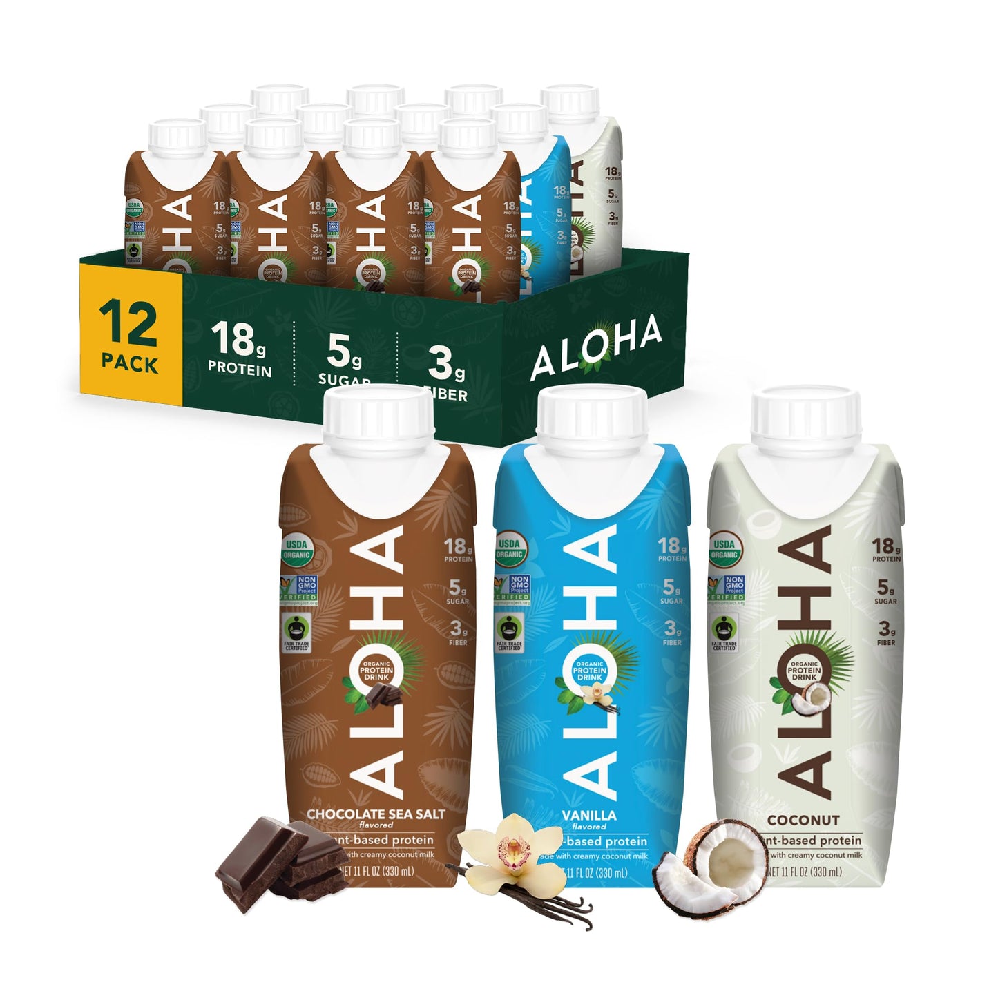 ALOHA Organic Plant-Based Protein Drink – Vanilla Flavor | GLP-1 Friendly with 18g Protein, 5g Sugar, 3g Fiber | Made w/Creamy Coconut Milk, No Stevia | Vegan, Non-GMO, Gluten-Free, 11oz (12 Pack)