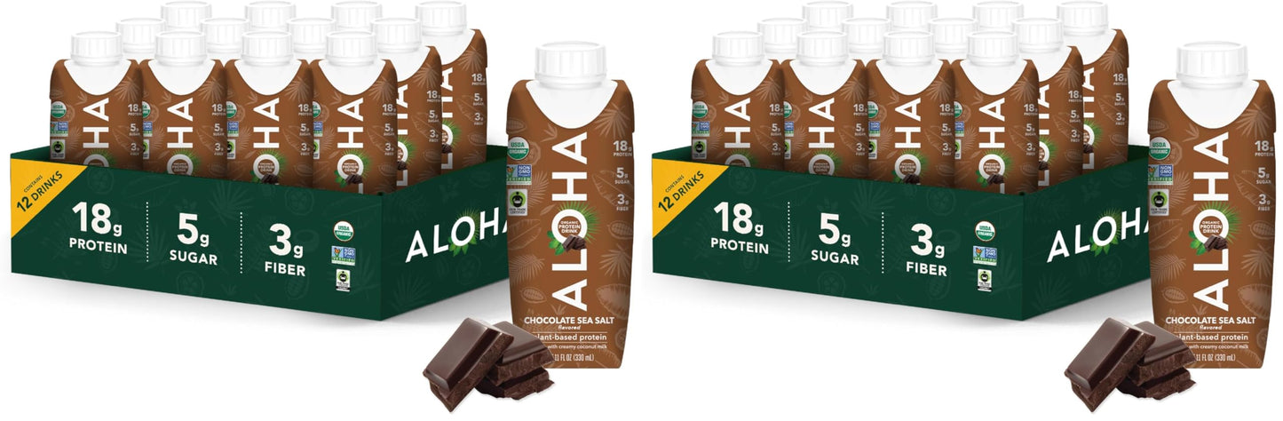 ALOHA Organic Plant-Based Protein Drink – Vanilla Flavor | GLP-1 Friendly with 18g Protein, 5g Sugar, 3g Fiber | Made w/Creamy Coconut Milk, No Stevia | Vegan, Non-GMO, Gluten-Free, 11oz (12 Pack)