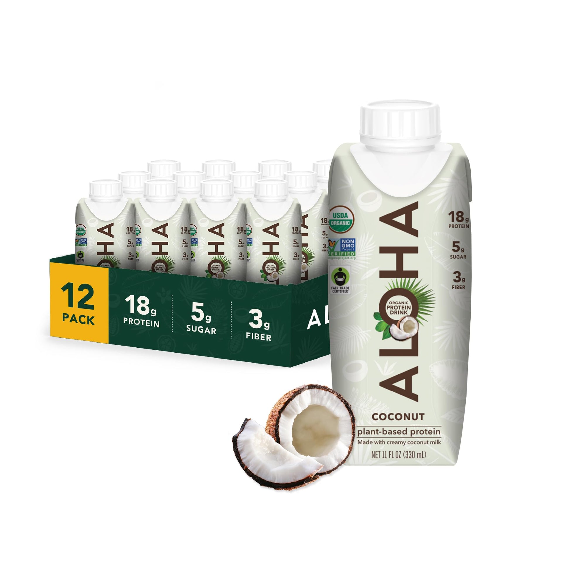 ALOHA Organic Plant-Based Protein Drink – Vanilla Flavor | GLP-1 Friendly with 18g Protein, 5g Sugar, 3g Fiber | Made w/Creamy Coconut Milk, No Stevia | Vegan, Non-GMO, Gluten-Free, 11oz (12 Pack)
