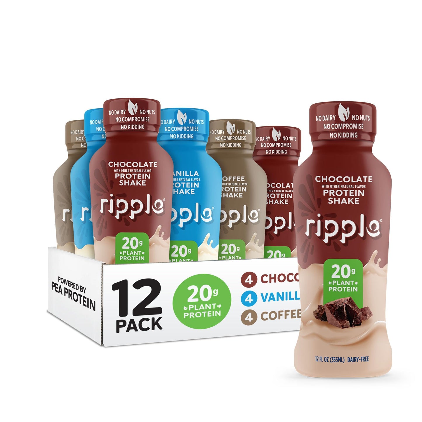 Ripple Vanilla Plant Based Protein Shake | 20g of Quality Sourced Pea Protein, Calcium & Iron Rich | Shelf Stable | Vegan & Non GMO | Dairy, Soy, Nut, & Gluten Free | 12 Fl Oz Bottles (Pack of 12)