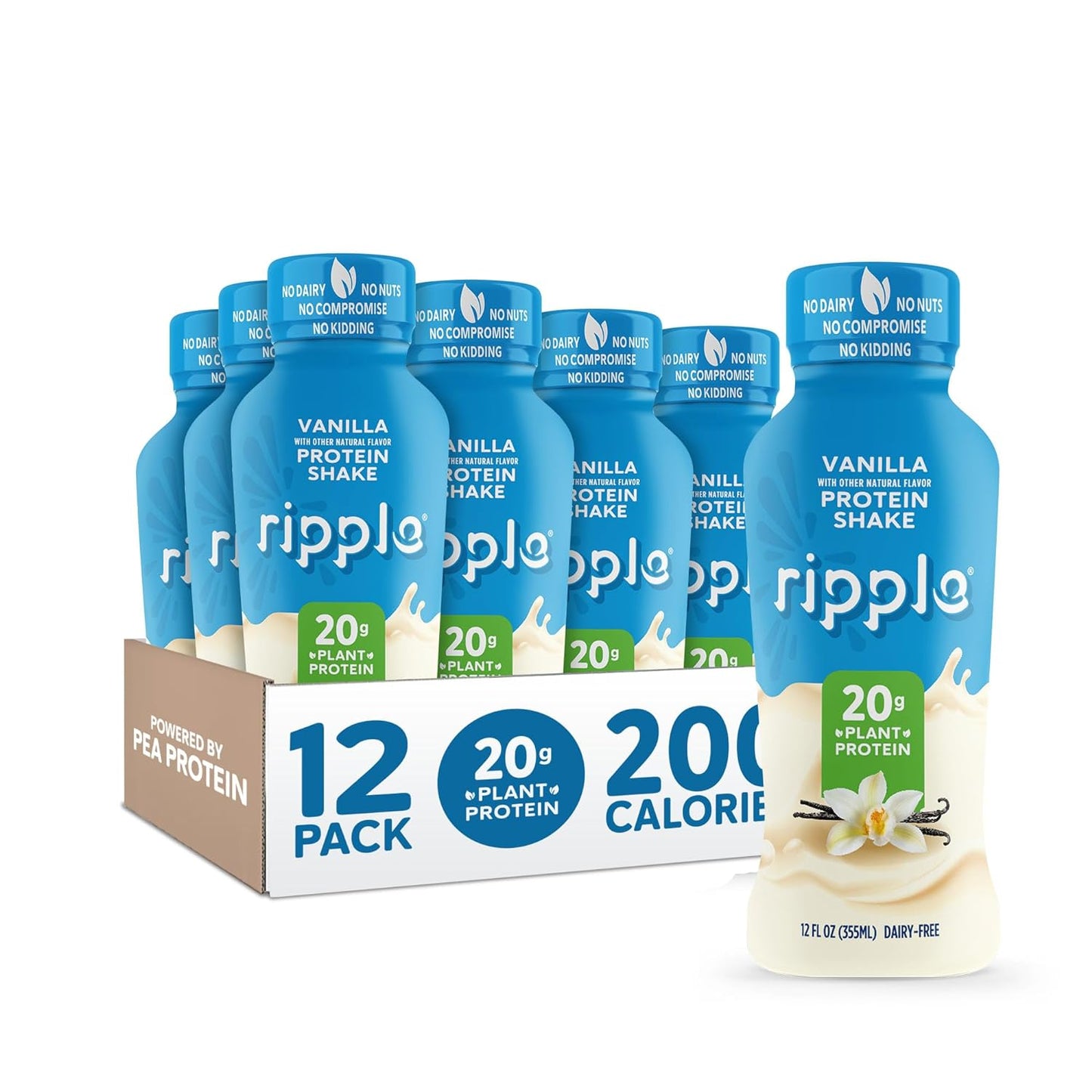 Ripple Vanilla Plant Based Protein Shake | 20g of Quality Sourced Pea Protein, Calcium & Iron Rich | Shelf Stable | Vegan & Non GMO | Dairy, Soy, Nut, & Gluten Free | 12 Fl Oz Bottles (Pack of 12)