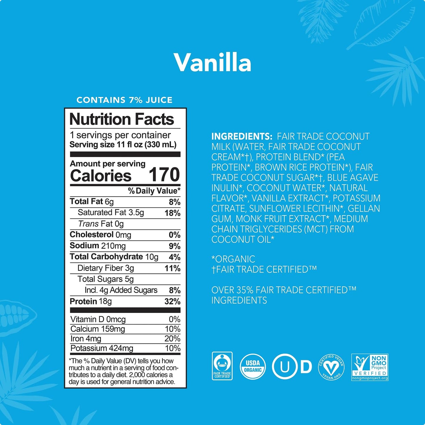 ALOHA Organic Plant-Based Protein Drink – Vanilla Flavor | GLP-1 Friendly with 18g Protein, 5g Sugar, 3g Fiber | Made w/Creamy Coconut Milk, No Stevia | Vegan, Non-GMO, Gluten-Free, 11oz (12 Pack)