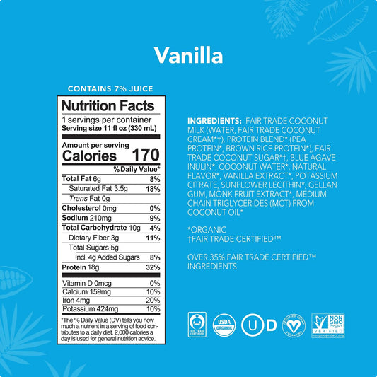 ALOHA Organic Plant-Based Protein Drink – Vanilla Flavor | GLP-1 Friendly with 18g Protein, 5g Sugar, 3g Fiber | Made w/Creamy Coconut Milk, No Stevia | Vegan, Non-GMO, Gluten-Free, 11oz (12 Pack)