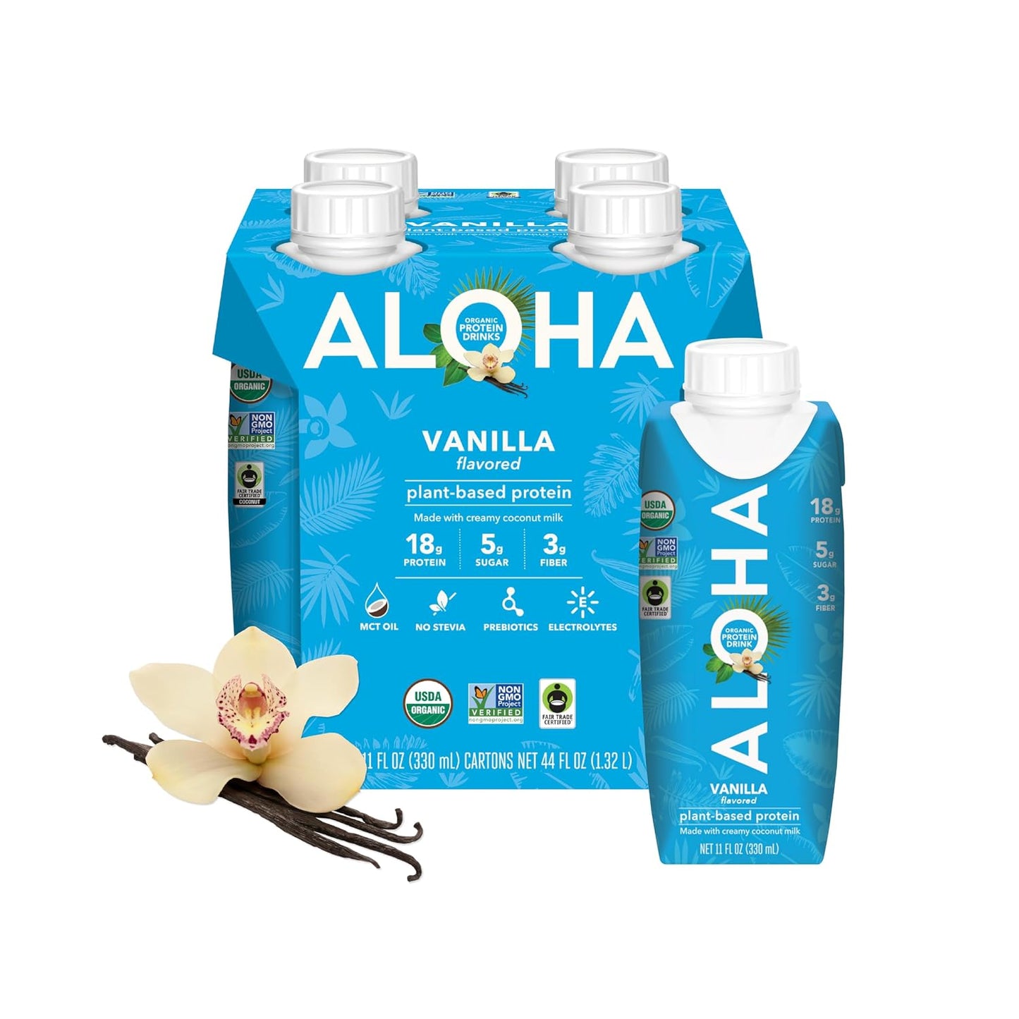 ALOHA Organic Plant-Based Protein Drink – Vanilla Flavor | GLP-1 Friendly with 18g Protein, 5g Sugar, 3g Fiber | Made w/Creamy Coconut Milk, No Stevia | Vegan, Non-GMO, Gluten-Free, 11oz (12 Pack)