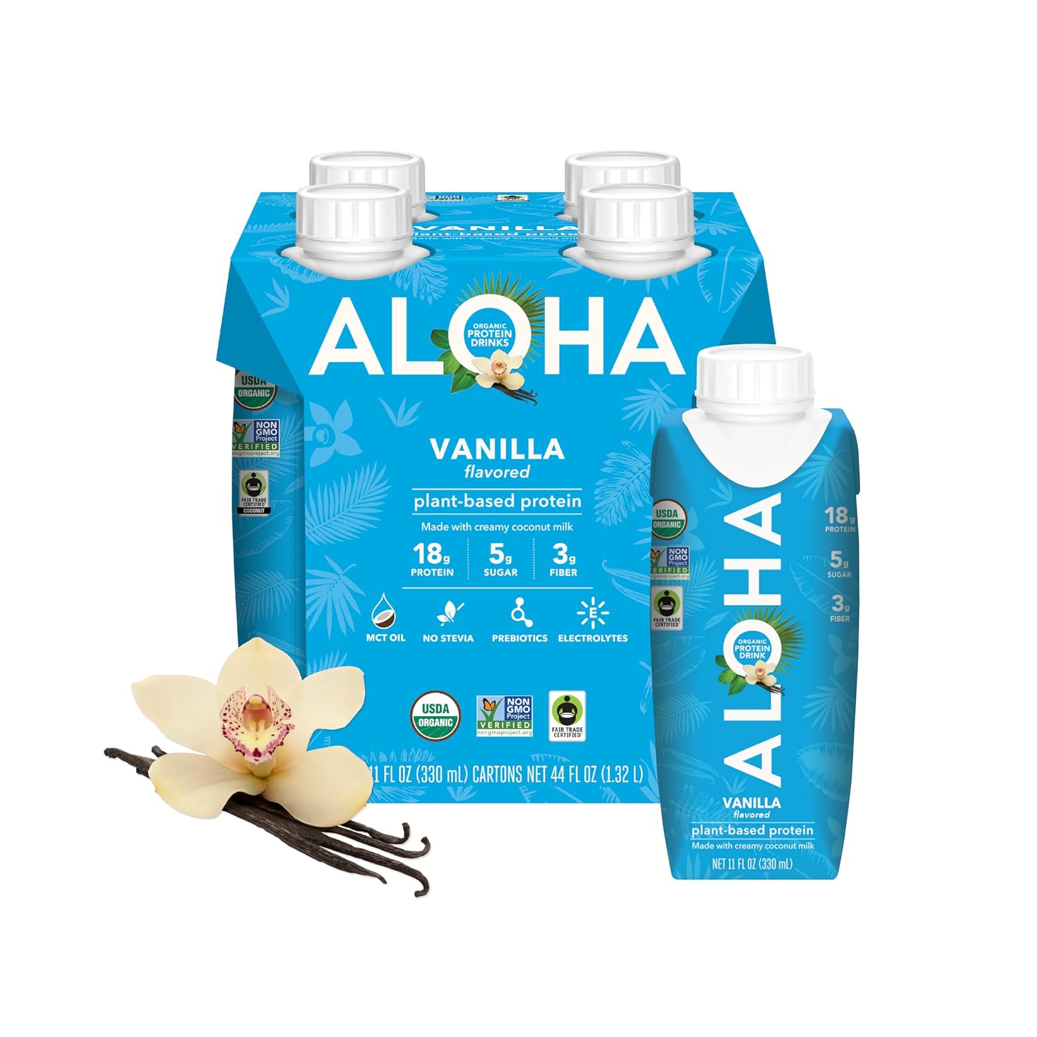 ALOHA Organic Plant-Based Protein Drink – Vanilla Flavor | GLP-1 Friendly with 18g Protein, 5g Sugar, 3g Fiber | Made w/Creamy Coconut Milk, No Stevia | Vegan, Non-GMO, Gluten-Free, 11oz (12 Pack)
