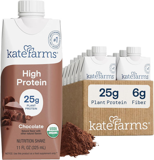 KATE FARMS Organic High Protein Chocolate Nutrition Shake, 25g Protein, 6g Fiber, 27 Vitamins and Minerals, 0g Sugar, 11 oz (12 Pack)