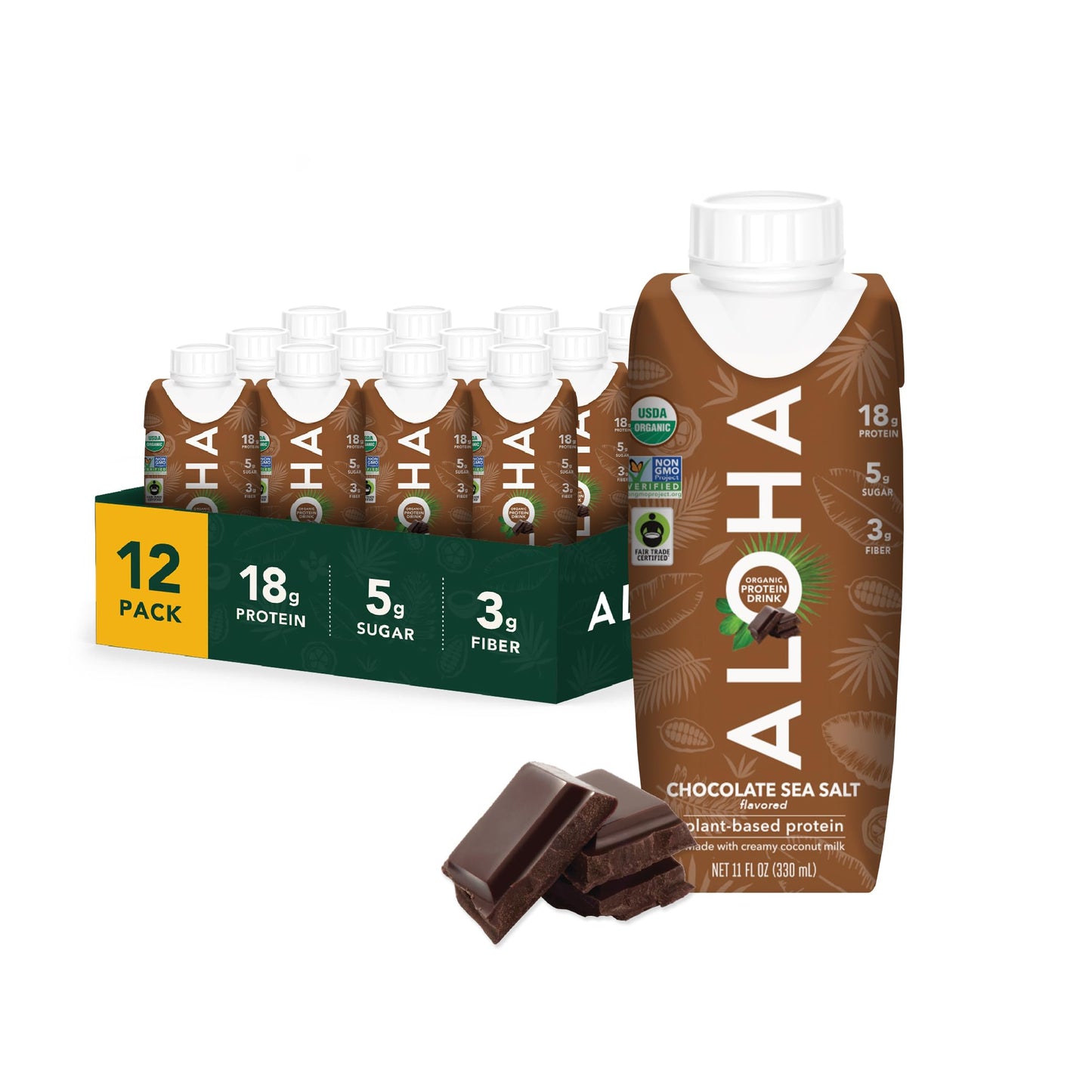 ALOHA Organic Plant-Based Protein Drink – Vanilla Flavor | GLP-1 Friendly with 18g Protein, 5g Sugar, 3g Fiber | Made w/Creamy Coconut Milk, No Stevia | Vegan, Non-GMO, Gluten-Free, 11oz (12 Pack)