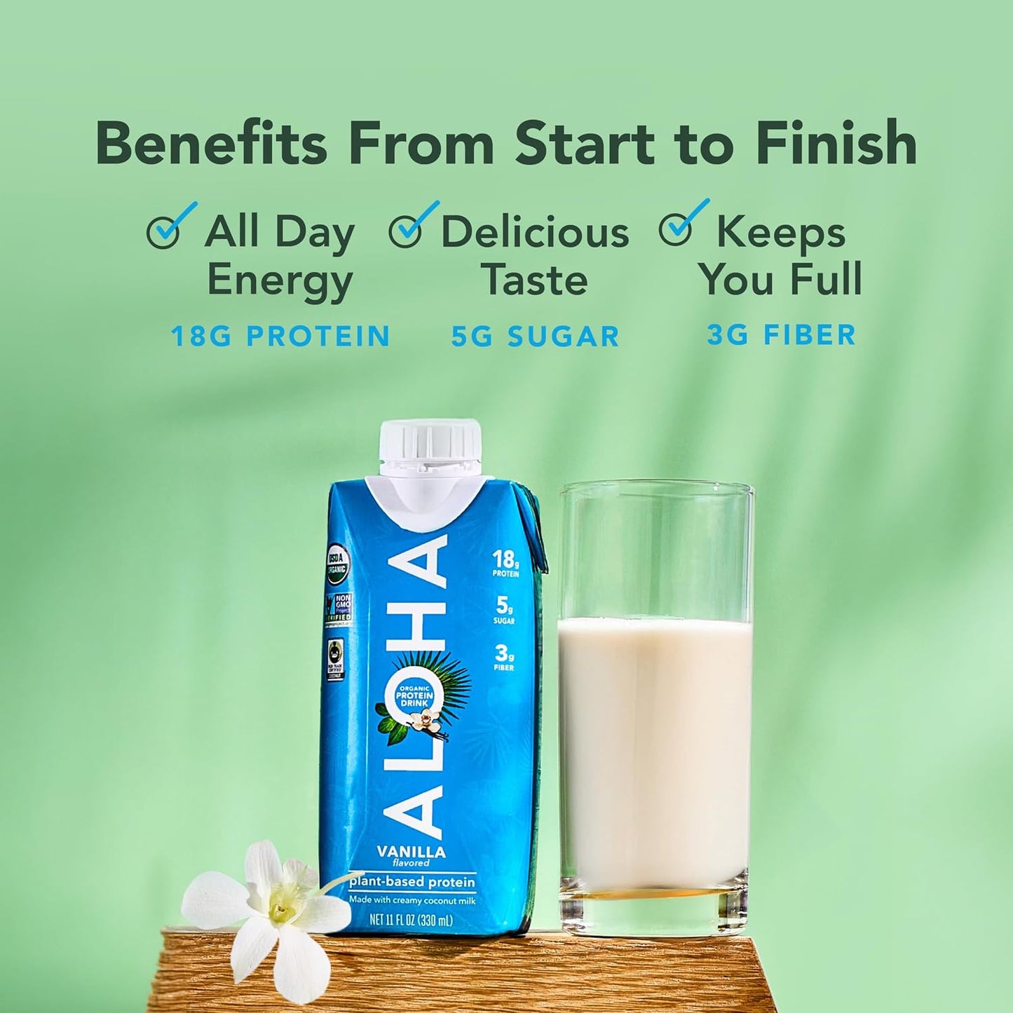 ALOHA Organic Plant-Based Protein Drink – Vanilla Flavor | GLP-1 Friendly with 18g Protein, 5g Sugar, 3g Fiber | Made w/Creamy Coconut Milk, No Stevia | Vegan, Non-GMO, Gluten-Free, 11oz (12 Pack)
