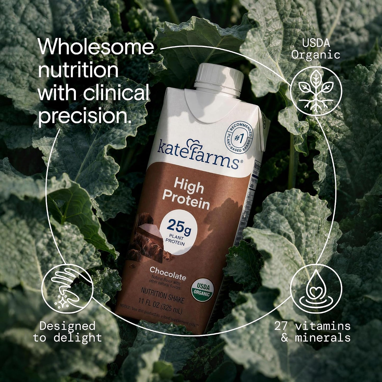 KATE FARMS Organic High Protein Chocolate Nutrition Shake, 25g Protein, 6g Fiber, 27 Vitamins and Minerals, 0g Sugar, 11 oz (12 Pack)