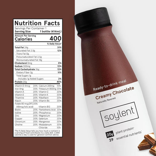 Soylent Creamy Chocolate Meal Replacement Shake, Ready-to-Drink Plant Based Protein Drink, Contains 20g Complete Vegan Protein and 1g Sugar, 14oz, 12 Pack