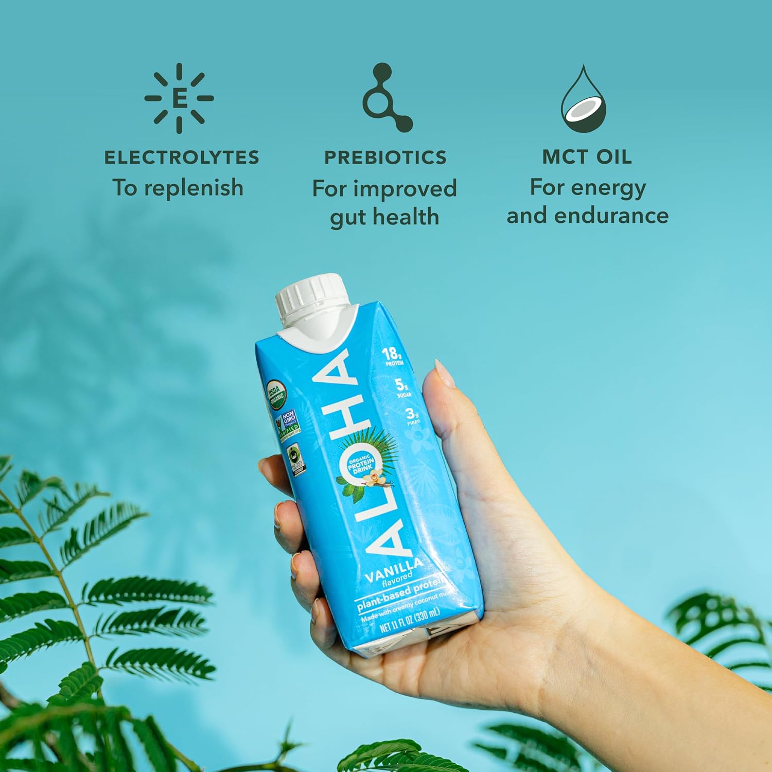 ALOHA Organic Plant-Based Protein Drink – Vanilla Flavor | GLP-1 Friendly with 18g Protein, 5g Sugar, 3g Fiber | Made w/Creamy Coconut Milk, No Stevia | Vegan, Non-GMO, Gluten-Free, 11oz (12 Pack)