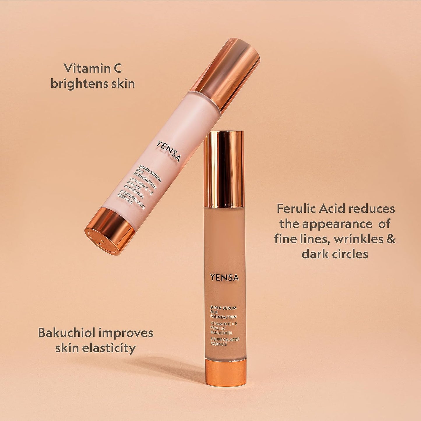 YENSA Serum Foundation Makeup - Super Silk Full Coverage Foundation Enriched with Peptides, Vitamin C & Ferulic Acid to Help Reduce Fine Lines, Wrinkles & Dark Circles - Deep 3 (1 oz)