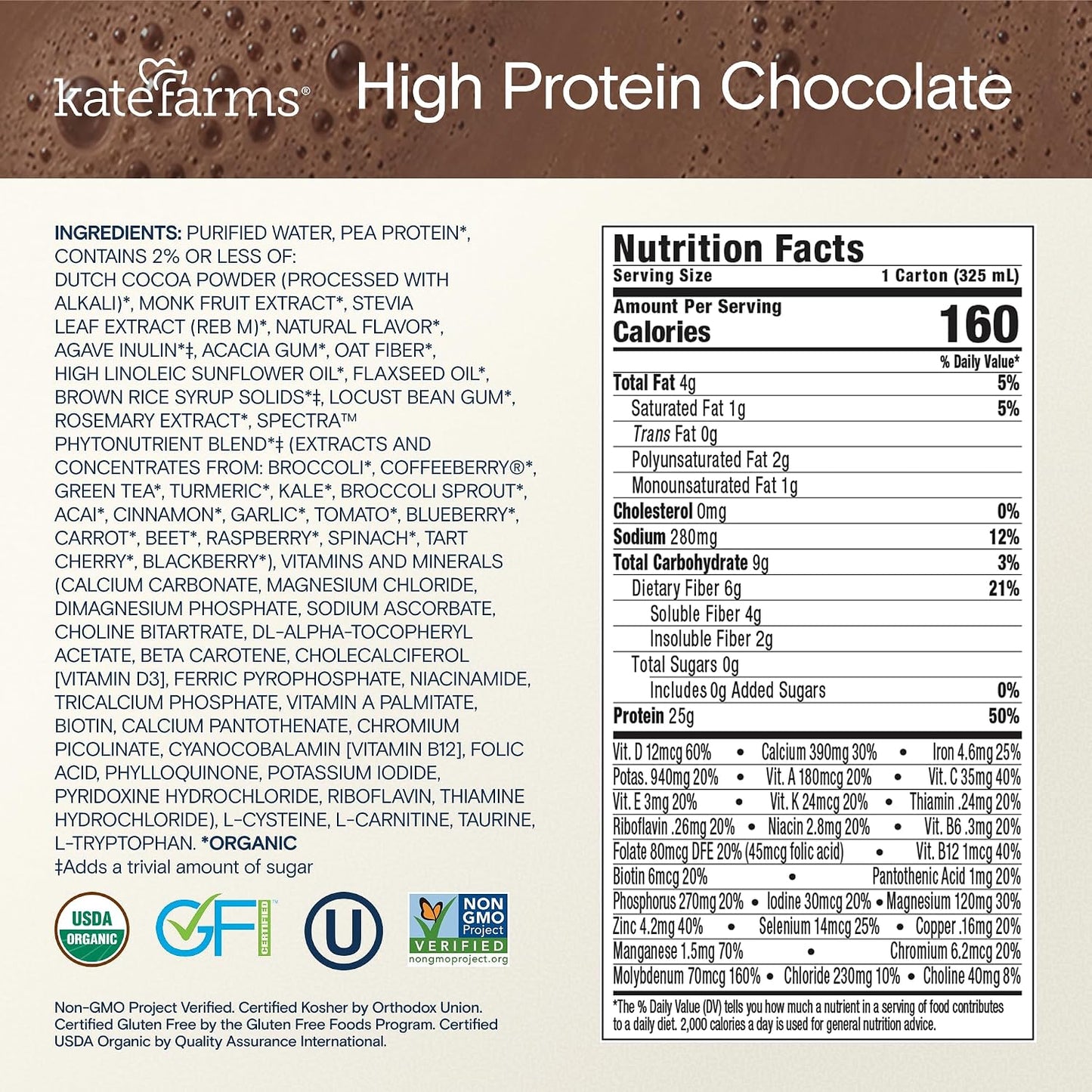 KATE FARMS Organic High Protein Chocolate Nutrition Shake, 25g Protein, 6g Fiber, 27 Vitamins and Minerals, 0g Sugar, 11 oz (12 Pack)