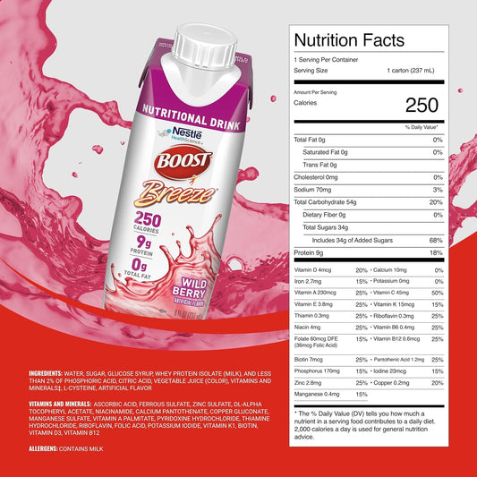 BOOST Breeze Clear Nutritional Drink - 250 Calories - 19 Vitamins & Minerals - 9 g Protein - Fortified Clear Nutritional Drink with Vitamin A & Zinc - Wild Berry Flavor - 8 fl oz (Pack of 24)